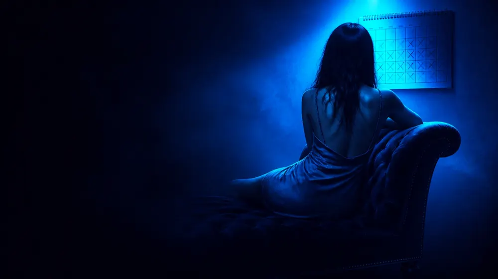 90 Day OnlyFans creators — woman in a silk slip dress reclining on a chaise longue, a wall calendar with days crossed off