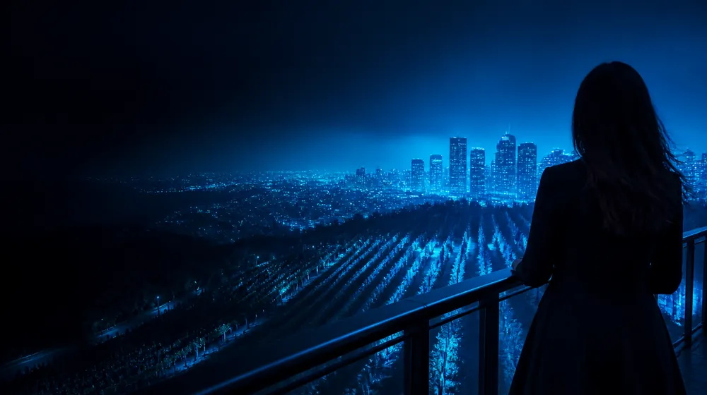 Adelaide OnlyFans creators — woman on a rooftop overlooking a glowing skyline, vineyard rows rolling toward the city lights