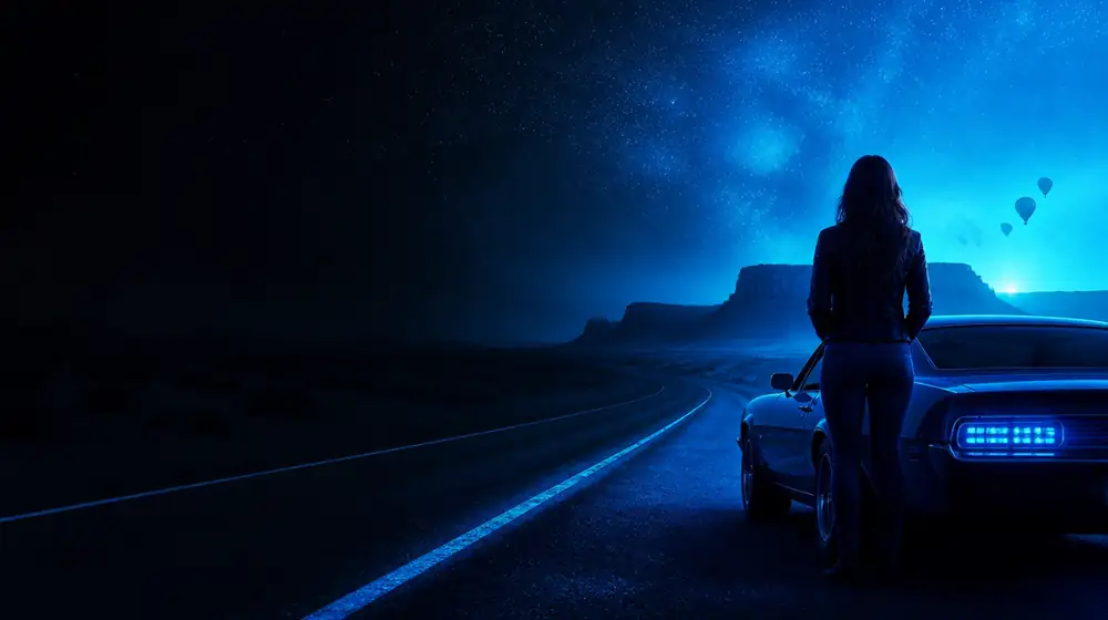Albuquerque OnlyFans creators — woman beside a classic muscle car on a starlit highway, hot air balloons drifting over the mesa at dusk