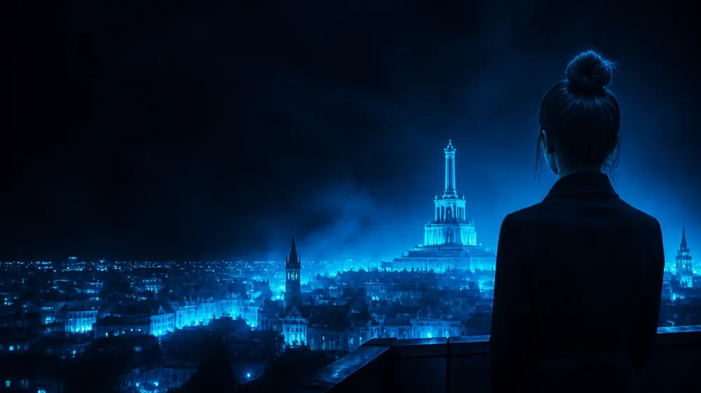 Alexandria OnlyFans creators — woman on a rooftop overlooking a glowing skyline, a stepped memorial tower above the old town