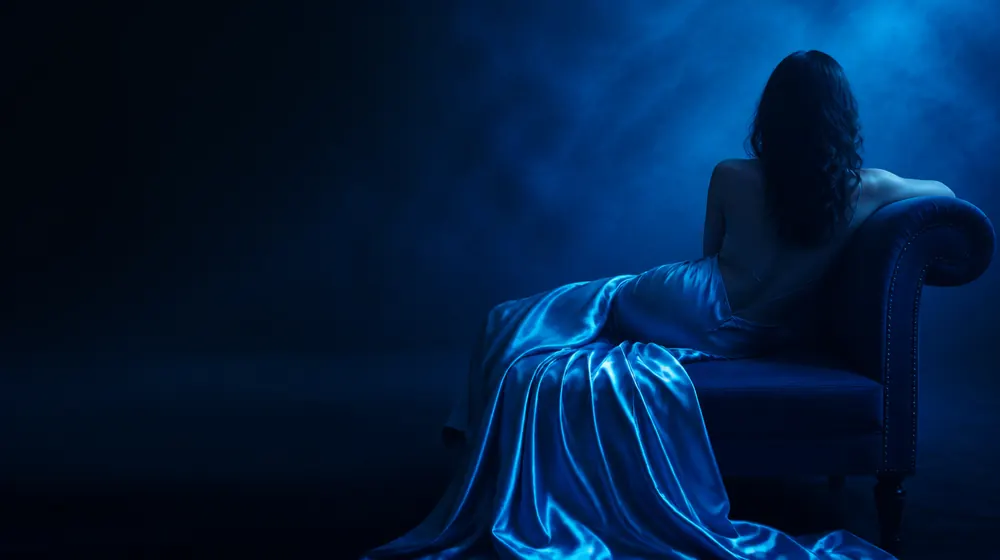 Anal Creampie OnlyFans creators — woman in a silk slip dress reclining on a chaise longue, whipped silk folds pooling off the chaise