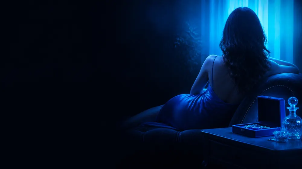 Anal OnlyFans creators — woman in a silk slip dress reclining on a chaise longue, a velvet jewellery box open on the nightstand