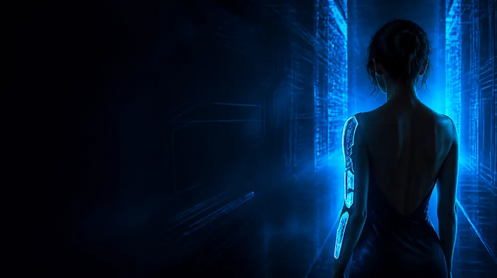 Android OnlyFans creators — woman in a futuristic corridor of glowing circuit patterns, a seam of glowing panels along her arm