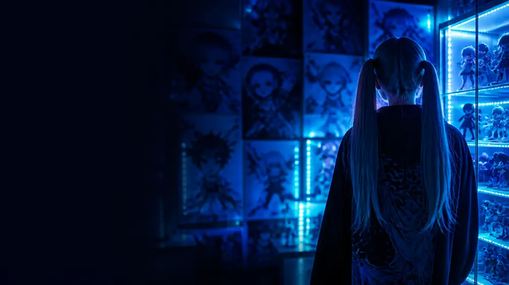 Anime Girl OnlyFans creators — woman with twin-tail hair in a glowing poster-lined room, figurine shelves glowing in the display case