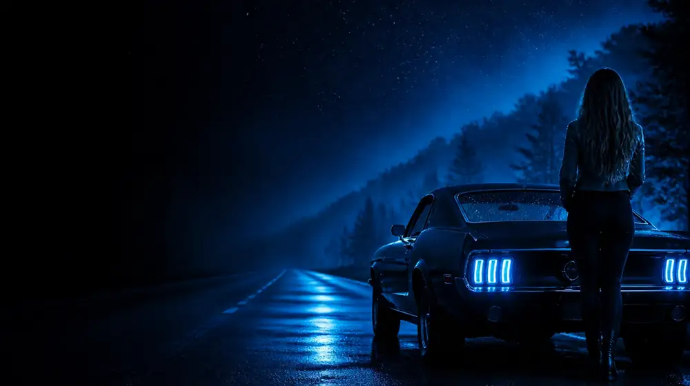 Arkansas OnlyFans creators — woman beside a classic muscle car on a starlit highway, wooded ozark hills along the roadside