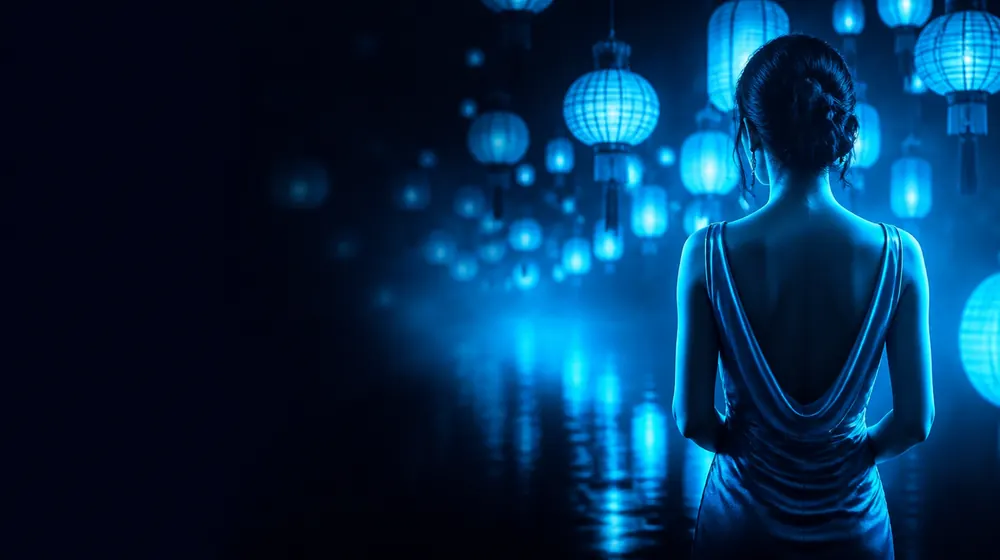 Asian OnlyFans creators — woman in a silk dress among glowing paper lanterns