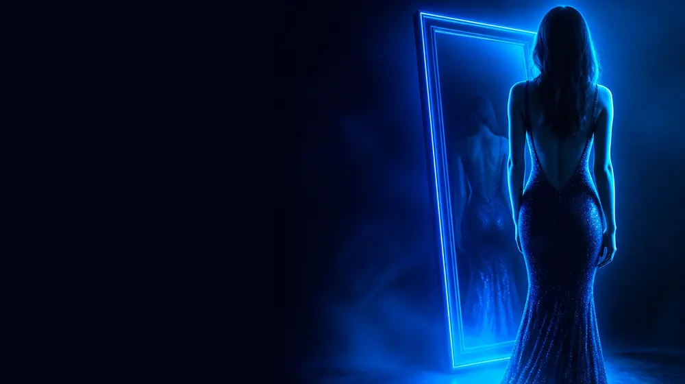 Δημιουργοί OnlyFans στο Ass On — γυναίκα με εφαρμοστό βραδινό φόρεμα σε φως περιγράμματος νέον, έναν ολόσωμο καθρέφτη λοξά τοποθετημένο πίσω της