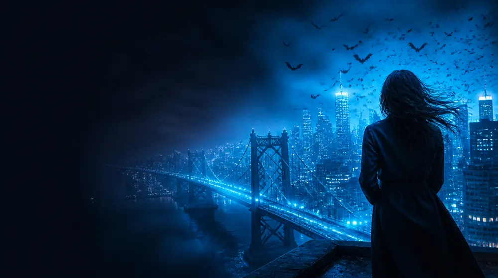 Austin Texas OnlyFans creators — woman on a rooftop overlooking a glowing skyline, a grand bridge with bats swirling into the dusk sky