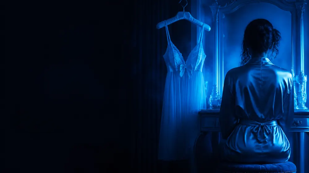 Babydoll OnlyFans creators — woman in a silk robe at an elegant dressing table, a babydoll nightie on the padded hanger
