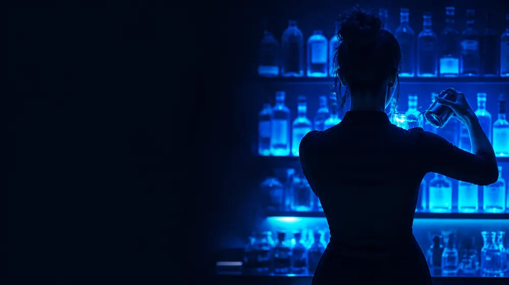 יוצרי OnlyFans בנישת Bartender — ברמן מערבב משקה בבר מואר מאחור