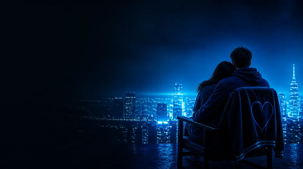 BBC Lover OnlyFans creators — couple embracing on a rooftop above a glowing city, a heart-tagged varsity jacket on the chair