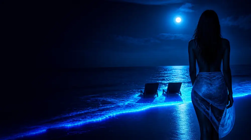 Beach Sex OnlyFans creators — woman in a sarong on a moonlit beach with glowing surf, two loungers close together by the glowing surf