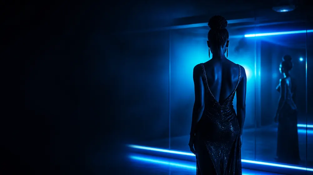 Big Booty Ebony OnlyFans creators — Black woman in an evening dress traced by neon rim light, a mirrored dance studio wall behind her