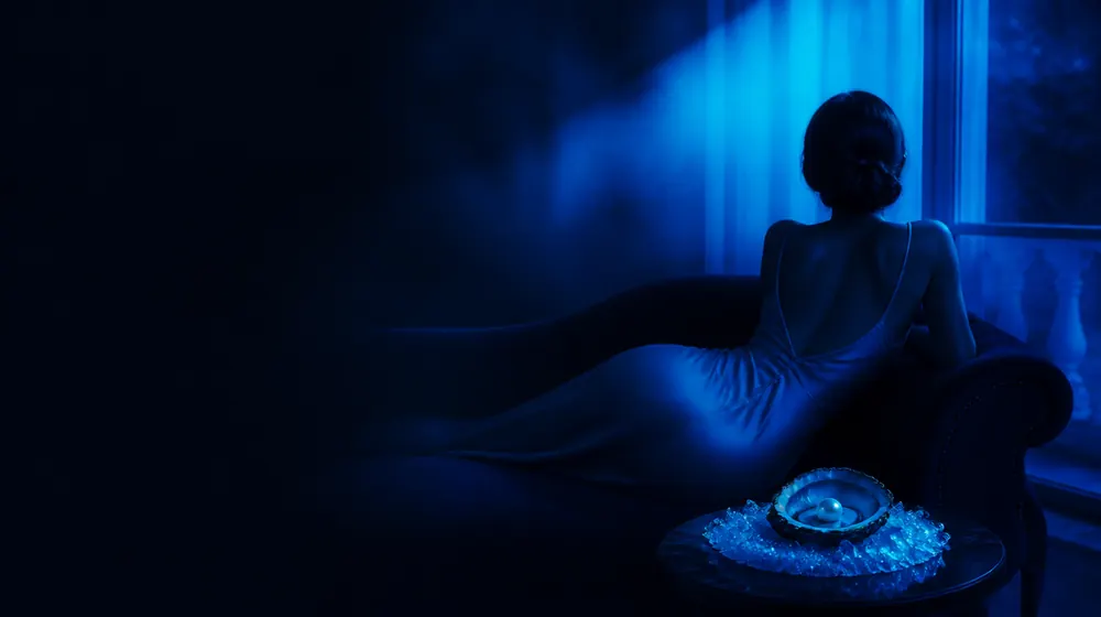Big Clit OnlyFans creators — woman in a silk slip dress reclining on a chaise longue, an open oyster shell with a pearl on ice