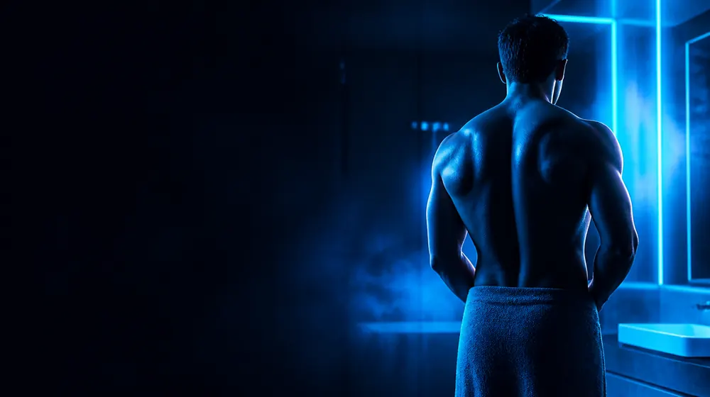 Big Dick OnlyFans creators — athletic man in a moody blue-lit bathroom