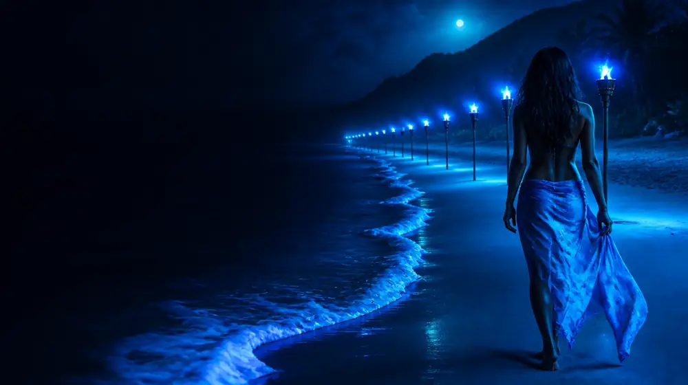 Bikini Model OnlyFans creators — woman in a sarong on a moonlit beach with glowing surf, a runway of sand between torch lights