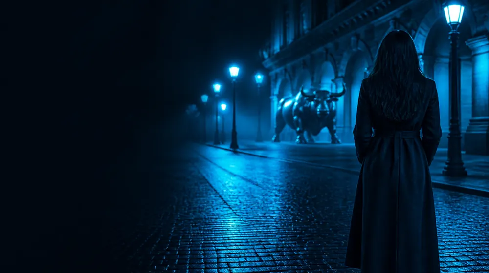 Birmingham OnlyFans creators — woman in a long coat on a lantern-lit cobblestone street, the grand bull statue before the glowing arcade