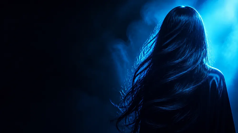 Black Hair OnlyFans creators — long flowing hair catching bright blue rim light, jet-black hair with midnight-blue sheen