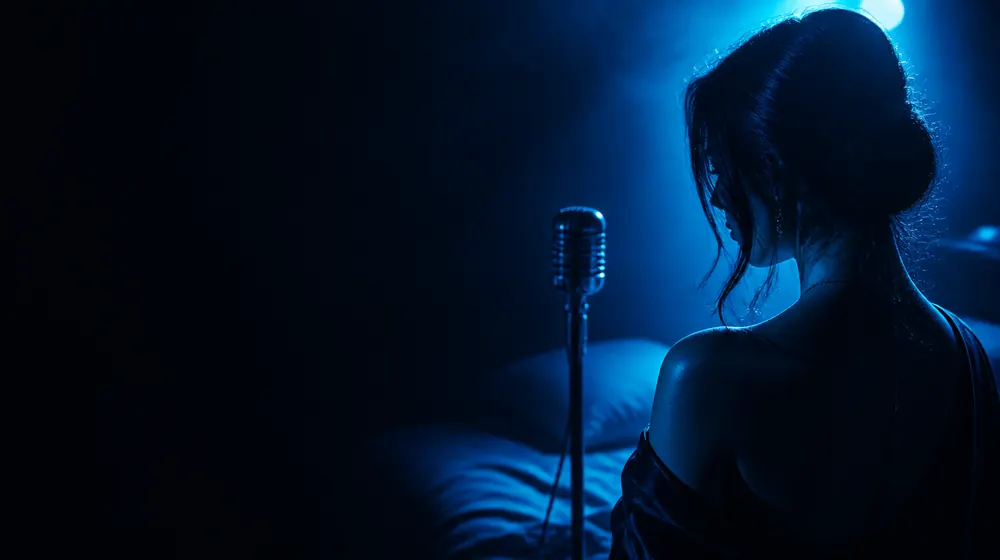 Blow Jobs OnlyFans creators — profile of parted lips in blue rim light, a microphone on a stand by the bed