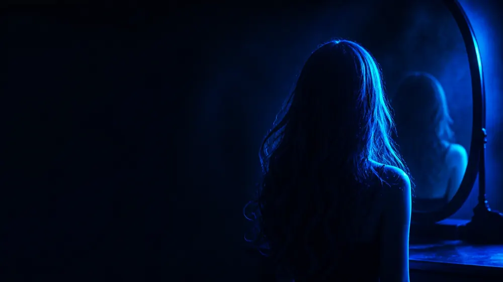 Blue Eyes OnlyFans creators — long flowing hair catching bright blue rim light, her gaze caught in a dark vanity mirror
