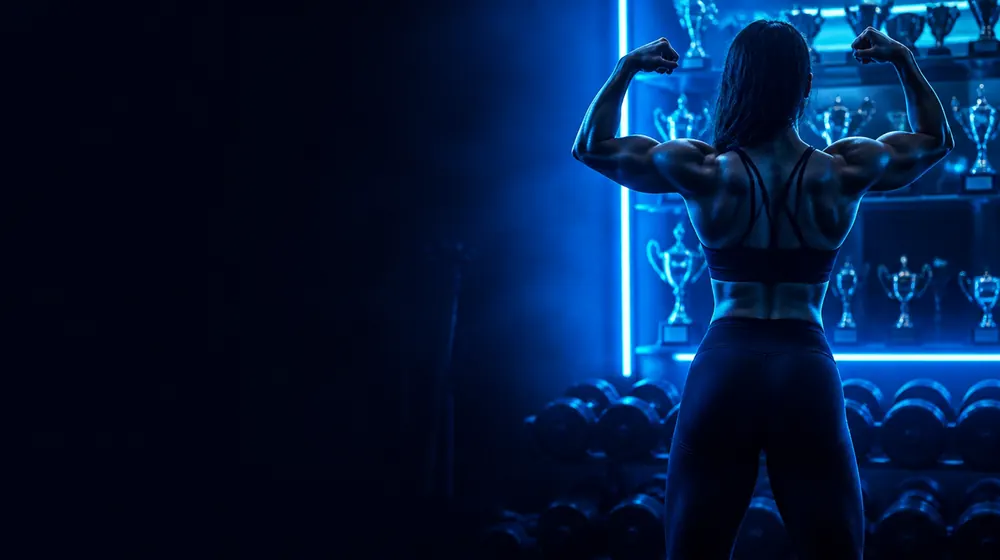 Bodybuilder OnlyFans creators — athlete training in a neon-lit gym, competition trophies gleaming on the shelf