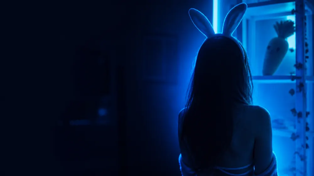 OnlyFans tvůrci v nice Bunny — žena s čelenkou se zaječíma ušima v jemném neonovém světle, plyšák ve tvaru mrkve na polici