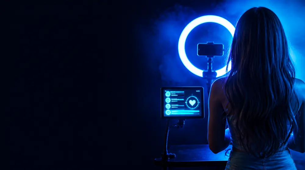 Camming OnlyFans creators — creator filming with a glowing ring light and phone tripod, a tip-alert screen glowing beside the cam