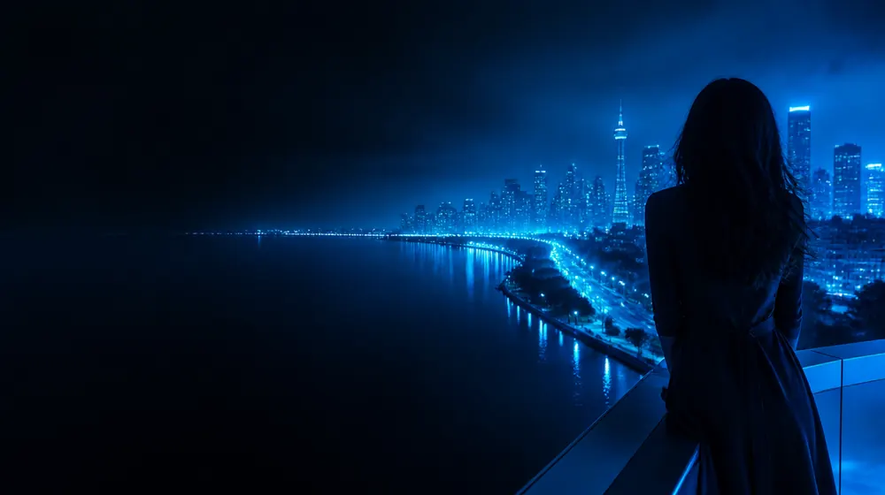 Canadian OnlyFans creators — woman on a rooftop overlooking a glowing skyline, a maple-lined lakeshore with distant city glow