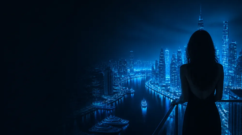 Cape Coral OnlyFans creators — woman on a rooftop overlooking a glowing skyline, boats gliding the glowing canal network