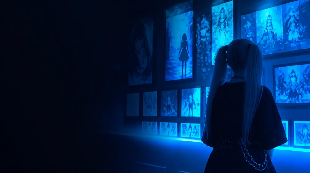 Cartoon OnlyFans creators — woman with twin-tail hair in a glowing poster-lined room, framed animation cels along the wall
