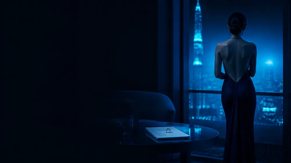 Cheating OnlyFans creators — woman in an evening gown at a rooftop bar, a wedding ring left on the hotel notepad
