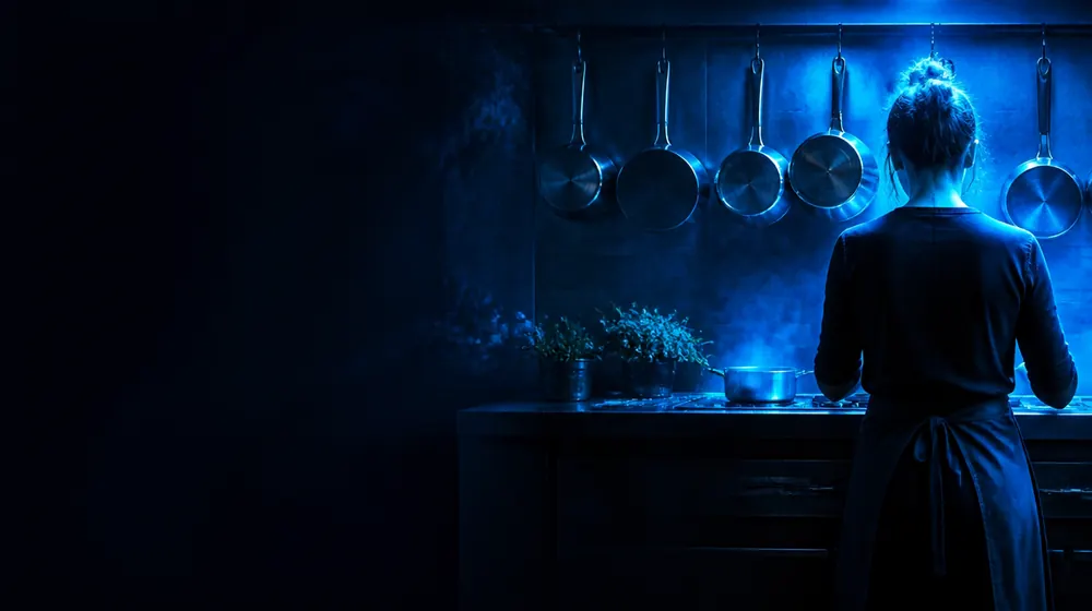 Creadores de OnlyFans Chef — mujer con delantal en la encimera de una cocina de ambiente íntimo, cacerolas de cobre colgadas sobre la cocina
