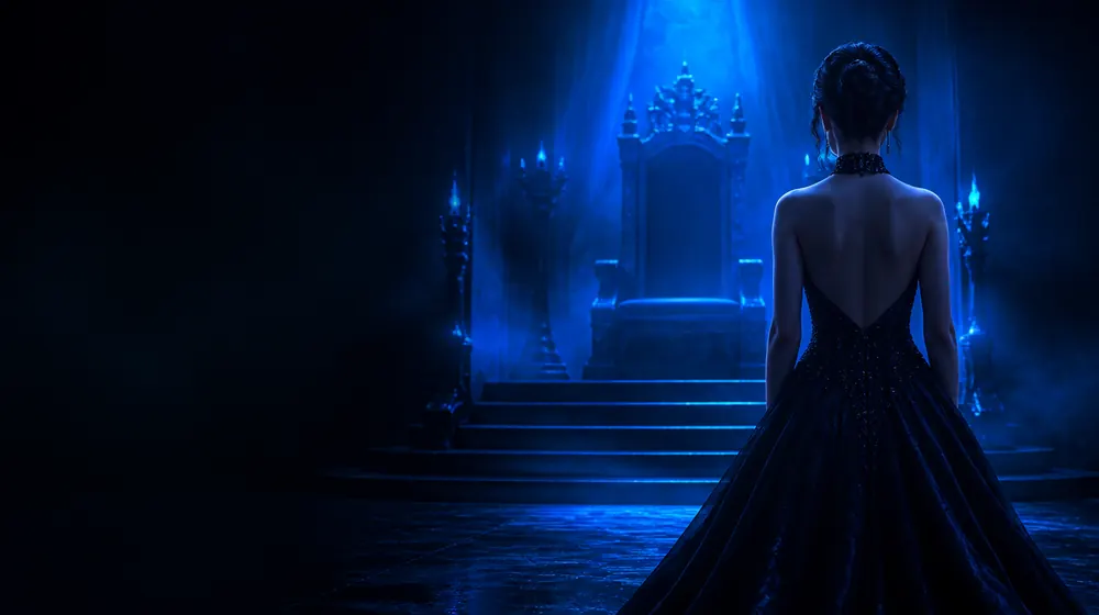 Choking Play OnlyFans creators — woman in a black gown before a throne in blue light, a wide velvet choker on the jewellery stand
