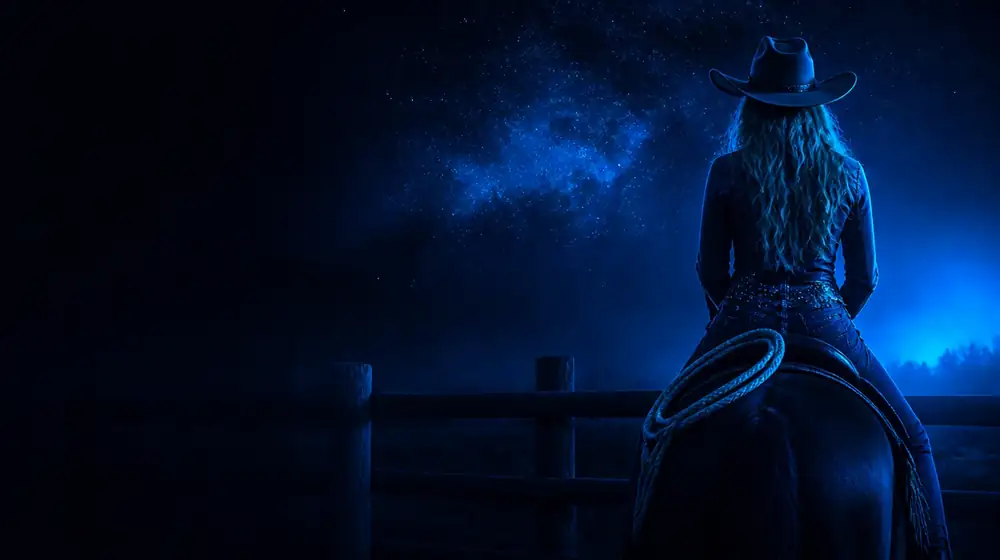 Cowgirl OnlyFans creators — woman in a cowboy hat at a ranch fence under the stars, a lasso coiled on the saddle horn