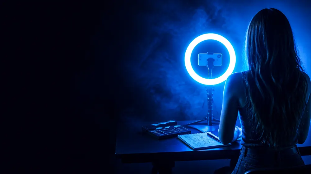 Custom Video OnlyFans creators — creator filming with a glowing ring light and phone tripod, a clapperboard and script notes on the desk