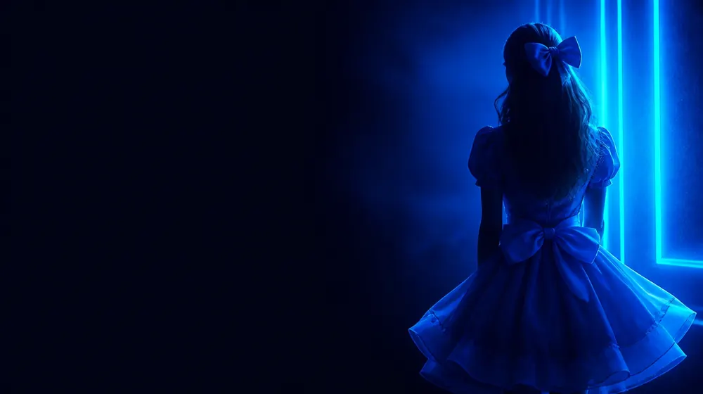 DDLG OnlyFans creators — young woman with a large hair bow in a neon-lit room