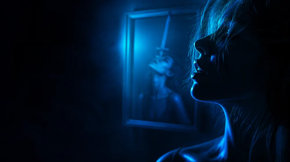 Deepthroat OnlyFans creators — profile of parted lips in blue rim light, a sword-swallower poster framed on the wall