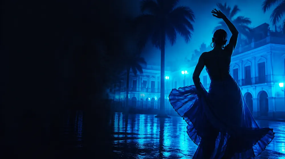 Dominican OnlyFans creators — woman dancing under palm silhouettes and city lights, a colonial plaza with swaying palms