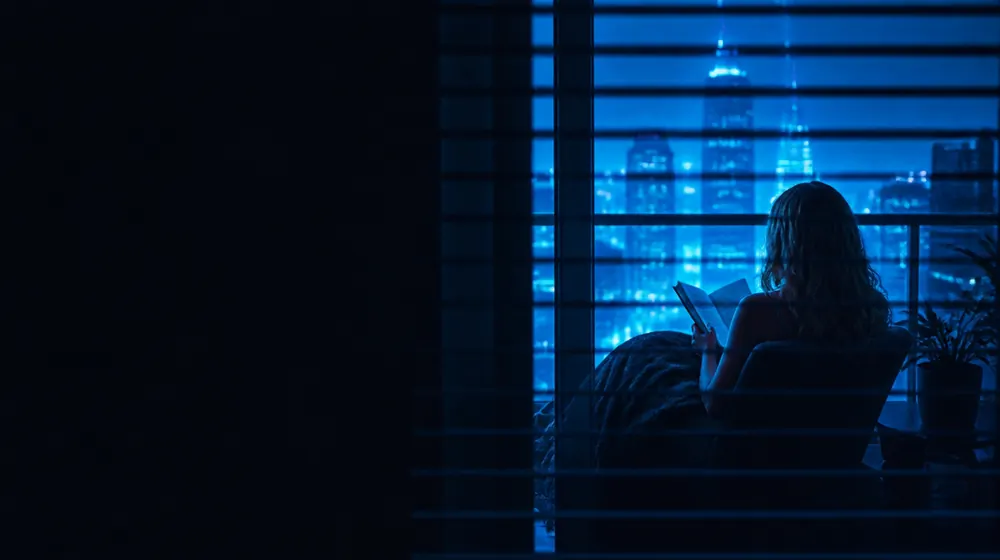 Downblouse OnlyFans creators — view through window blinds toward a lit apartment, a balcony view over her reading chair
