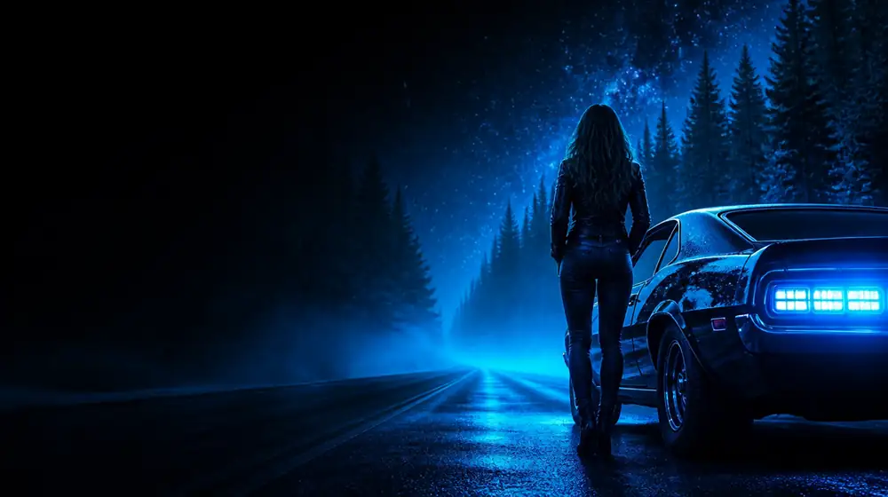 East Texas OnlyFans creators — woman beside a classic muscle car on a starlit highway, tall piney-woods forest lining the highway
