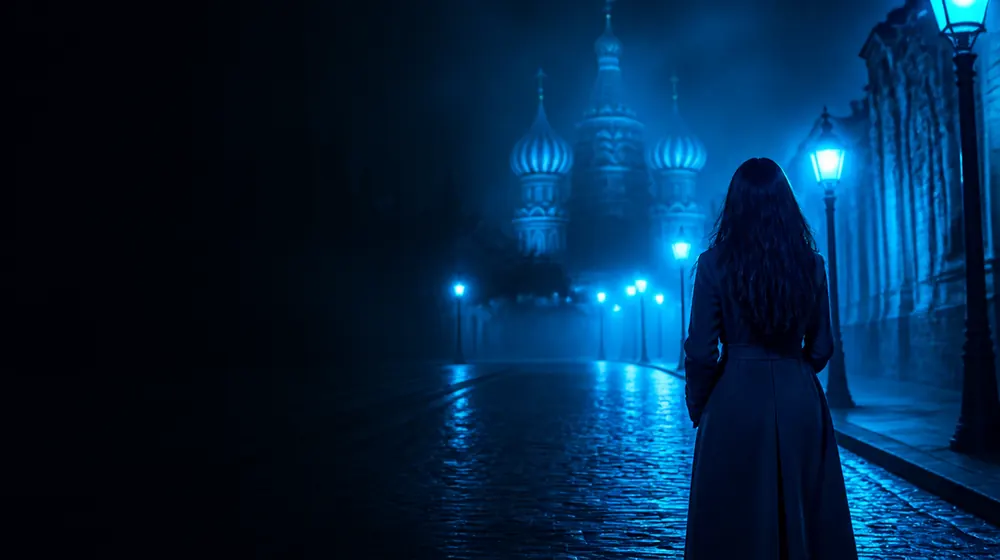 Eastern European OnlyFans creators — woman in a long coat on a lantern-lit cobblestone street, onion-domed spires above the old square
