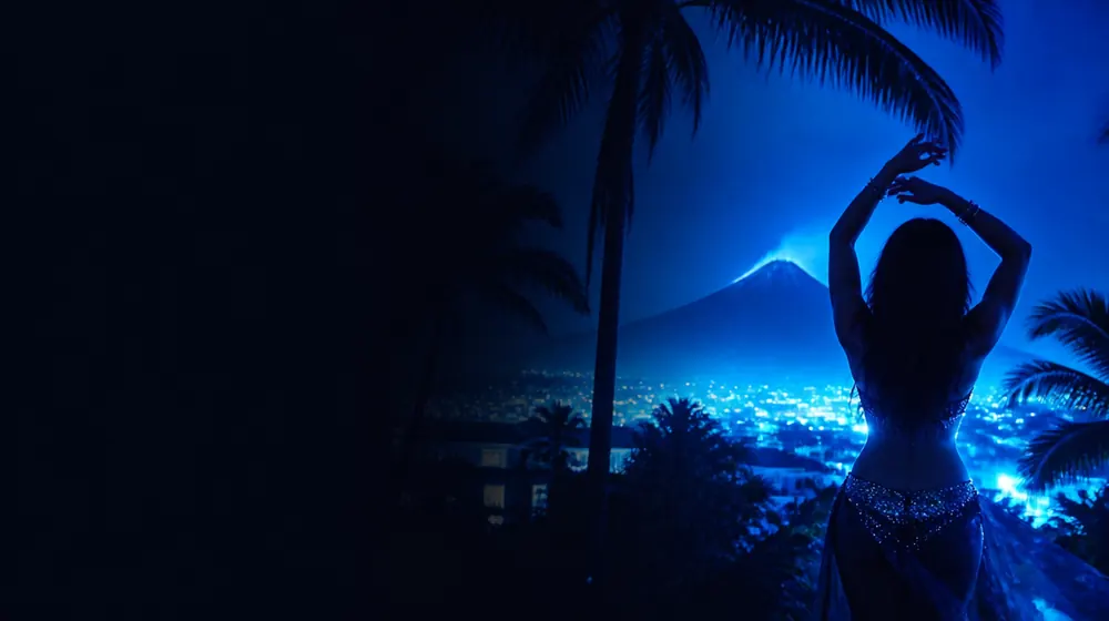 Ecuadorian OnlyFans creators — woman dancing under palm silhouettes and city lights, a volcano cone rising beyond the rooftops