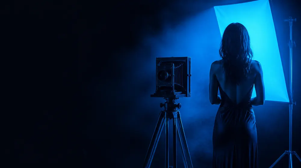 Erotic Photography OnlyFans creators — woman posing under glowing softbox studio lights, a bellows camera mounted on a wooden tripod