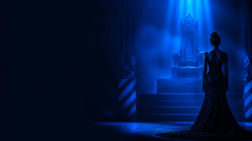 Extreme OnlyFans creators — woman in a black gown before a throne in blue light, caution-striped stage props in the wings