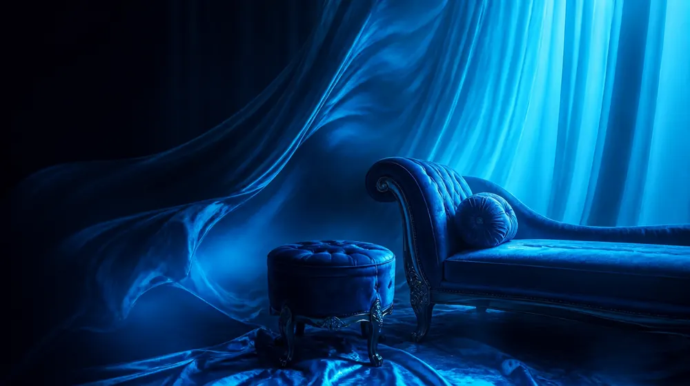 Face Farting OnlyFans creators — silk fabric rippling in cool blue light, a padded queening stool by the chaise