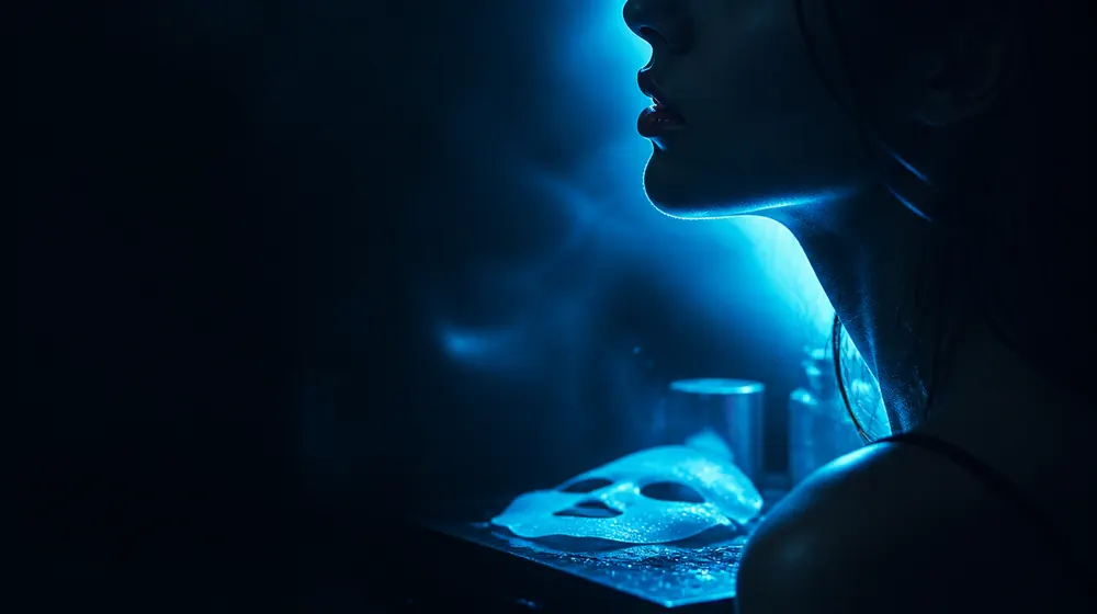 Facial OnlyFans creators — profile of parted lips in blue rim light, a pearl mask sheet on the vanity