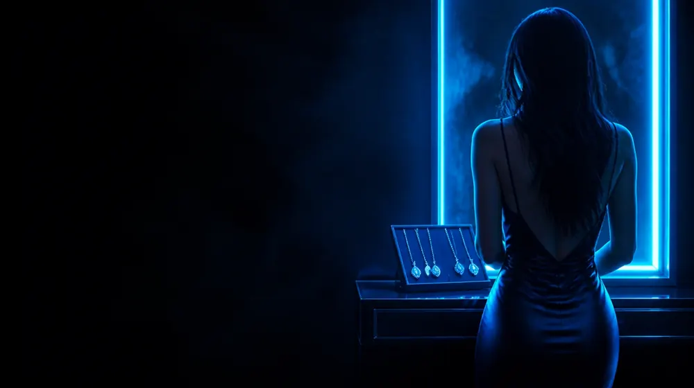 Fake Tits OnlyFans creators — woman in a fitted evening dress in neon rim light, a jewellery tray of pendants by the mirror