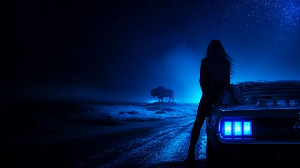 Fargo OnlyFans creators — woman beside a classic muscle car on a starlit highway, a lone bison sculpture on the snowy plain