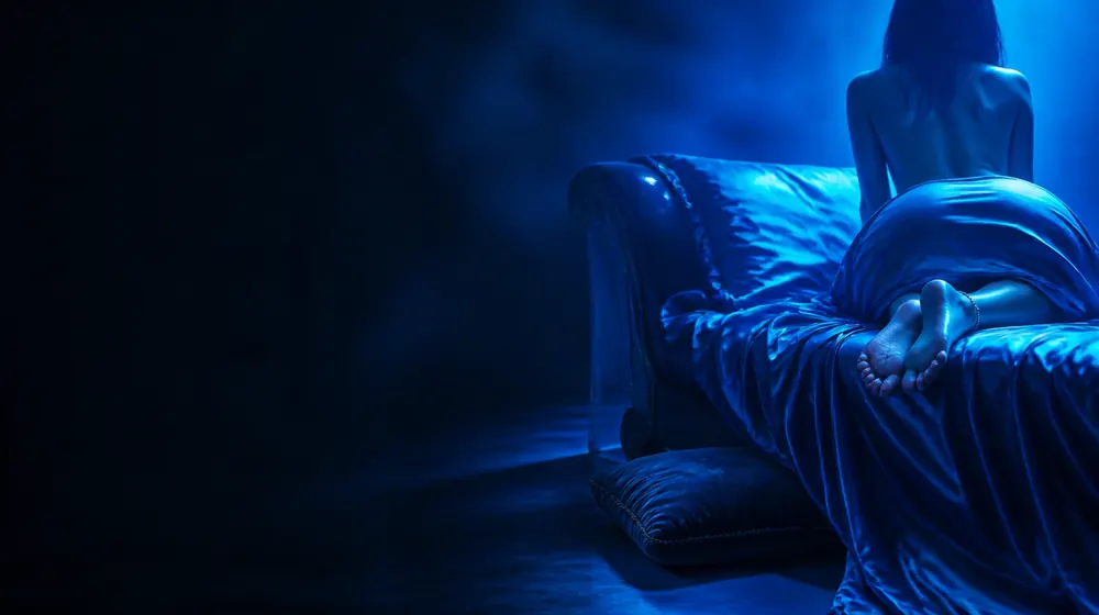 Foot Worship OnlyFans creators — bare feet with an anklet resting on silk sheets, a velvet kneeling pillow placed below the chaise