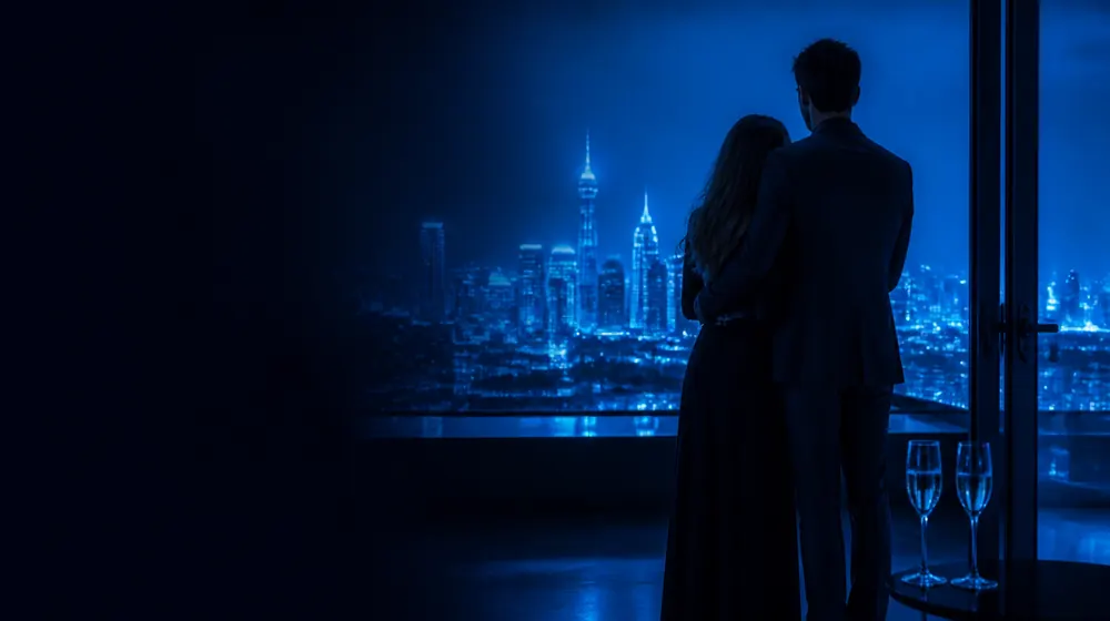 Free Couples OnlyFans creators — couple embracing on a rooftop above a glowing city, two glasses waiting by the open balcony door